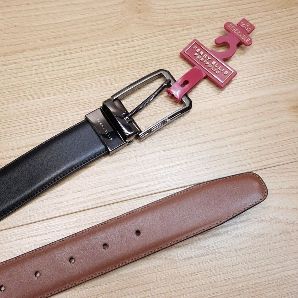 PERRY ELLIS Mens Belt Size 30 Black Brown Bonded Leather Reversible